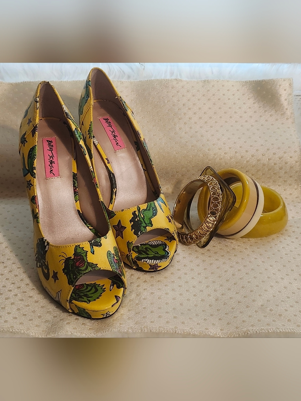 SOLD‼️-Betsey Johnson Fun And Flirty Peep-Toe Platform Heels With Yellow Bangles